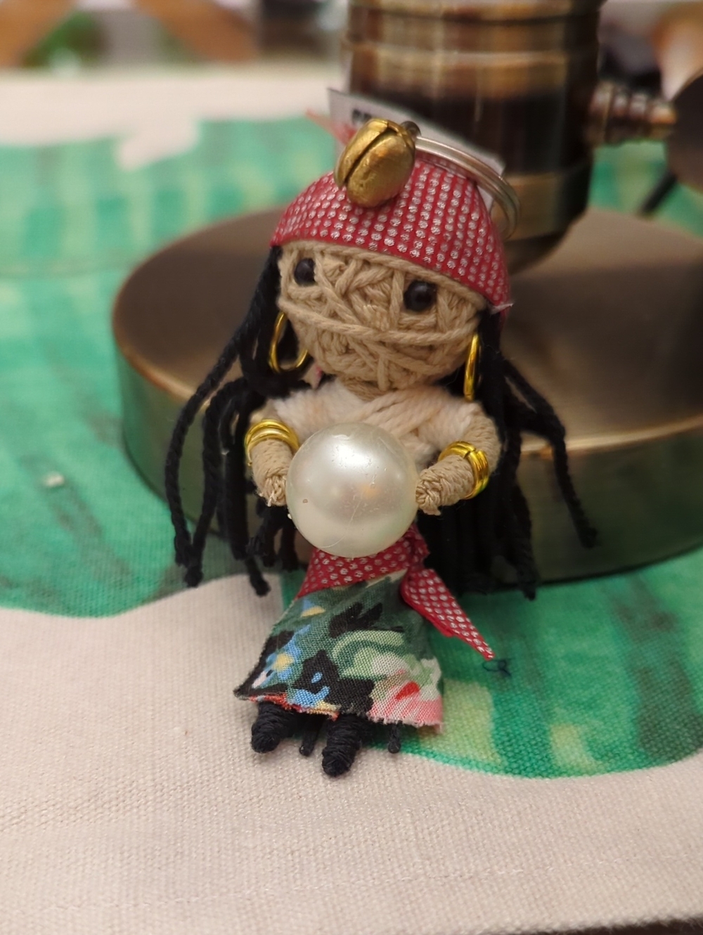 Handmade Doll Keychain Card Holder — Red Headscarf with Pearl Accent